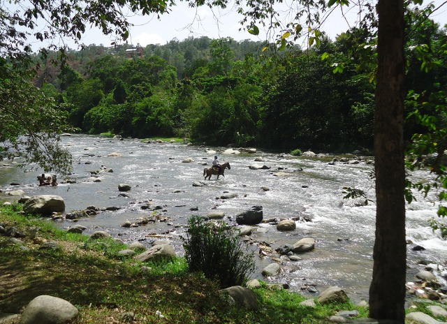 Man on horse crossing river at the Confluence Spa, Jarabacoa. Where the Yaque del Norte and Jimenoa rivers join.